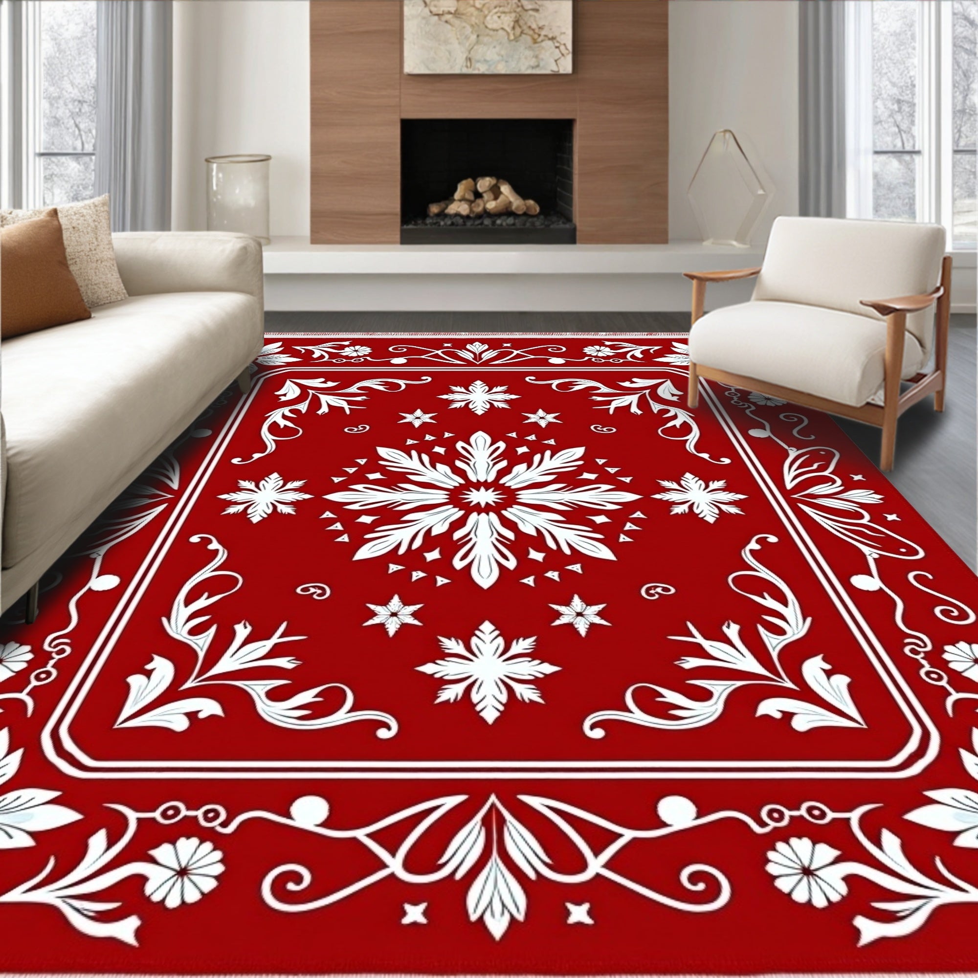 Crimson White Floral Medallion Mandala Rug