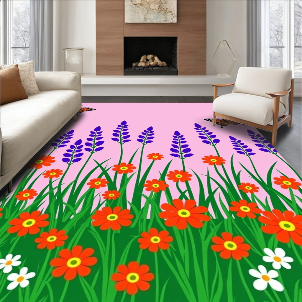 Whimsical Orange Floral Butterfly Garden Rug