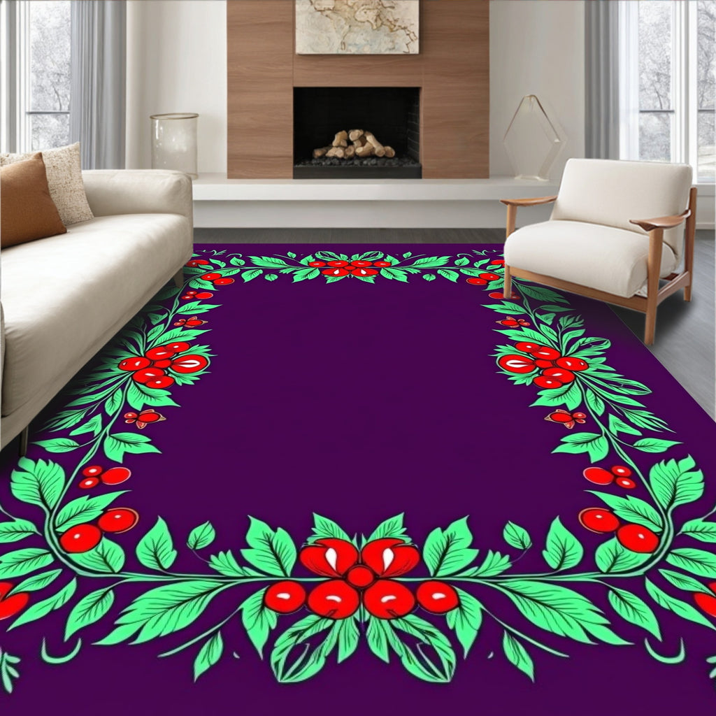 Vibrant Red Berry Floral Border Rug