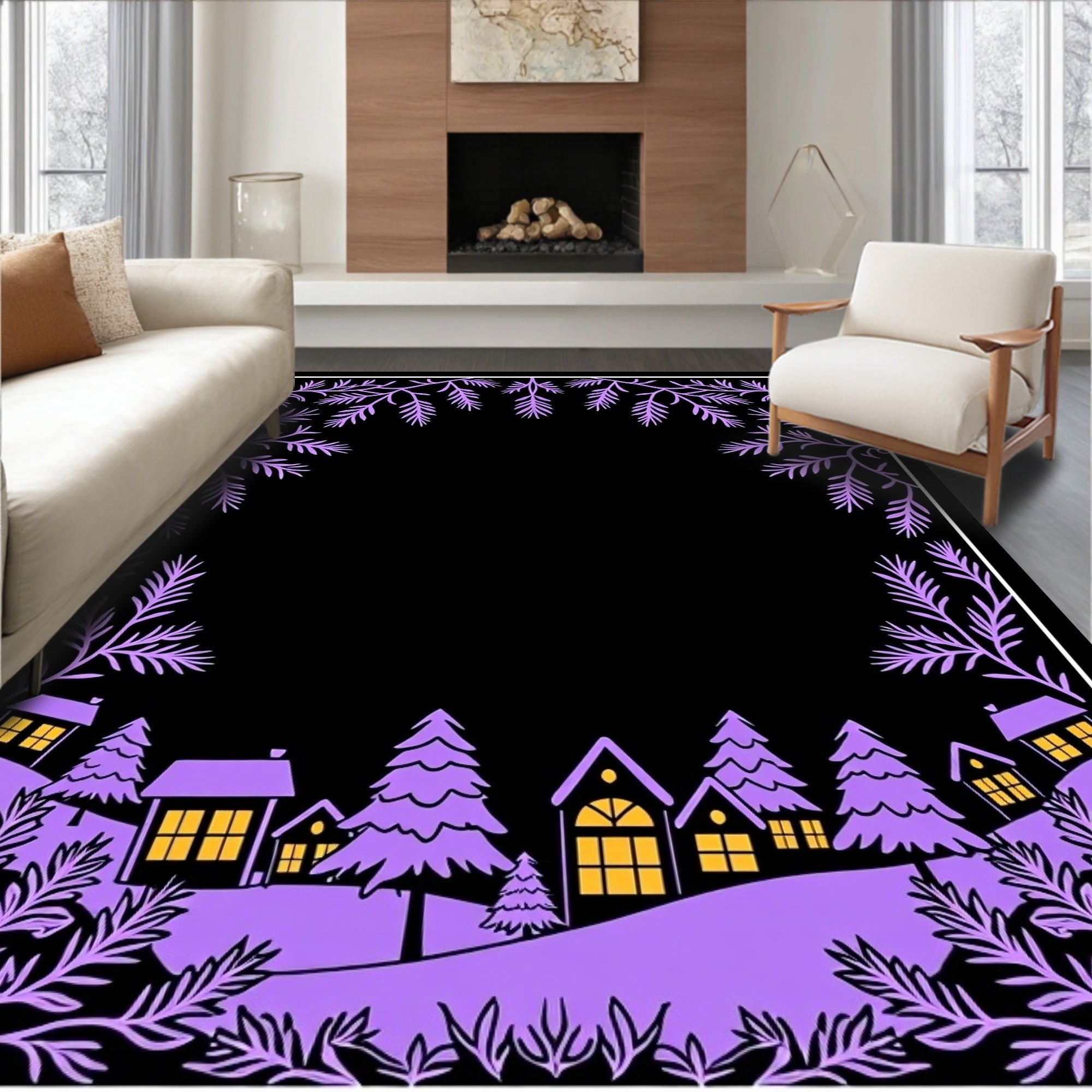 Purple Village Evergreen Border Rug