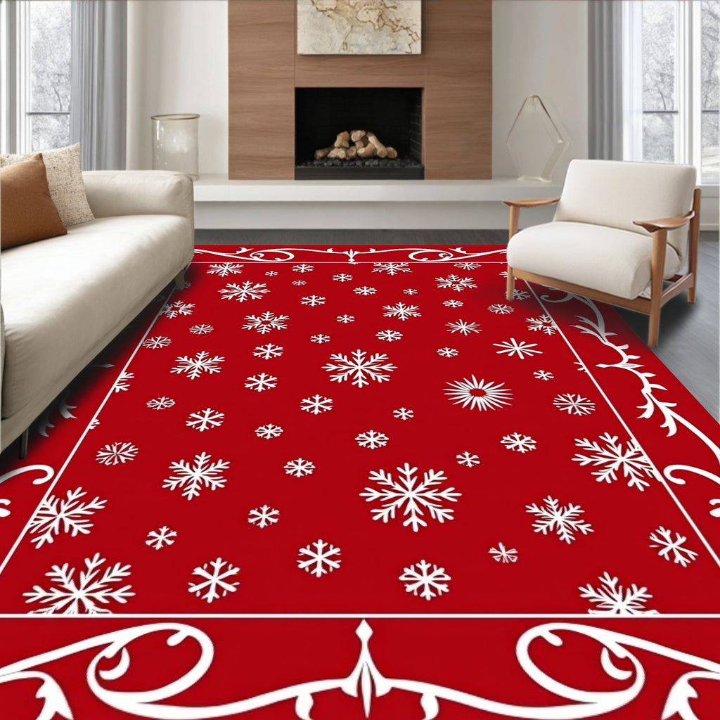 Red White Snowflake Border Accent Rug