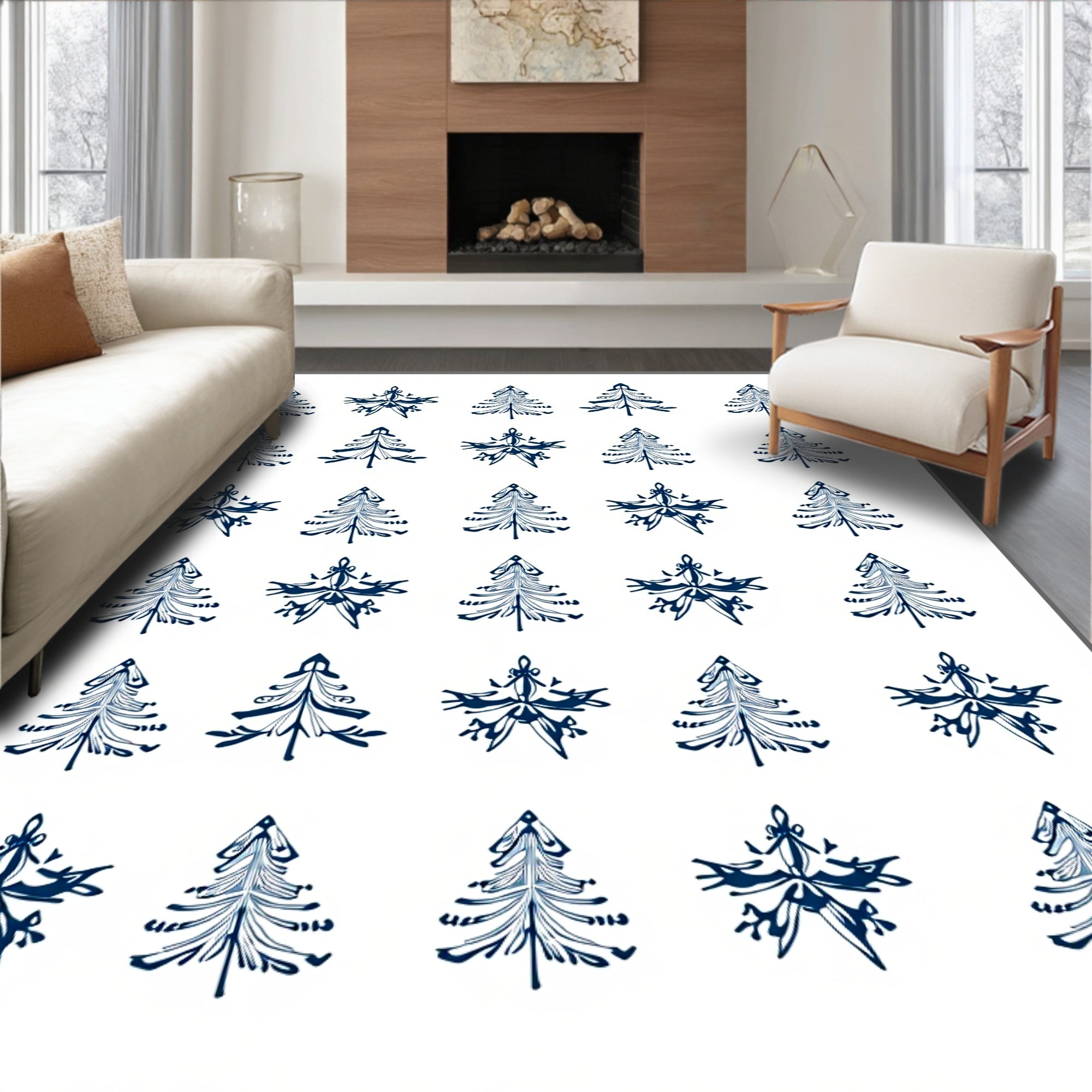 Navy Fir Tree Snowflake Collage Rug