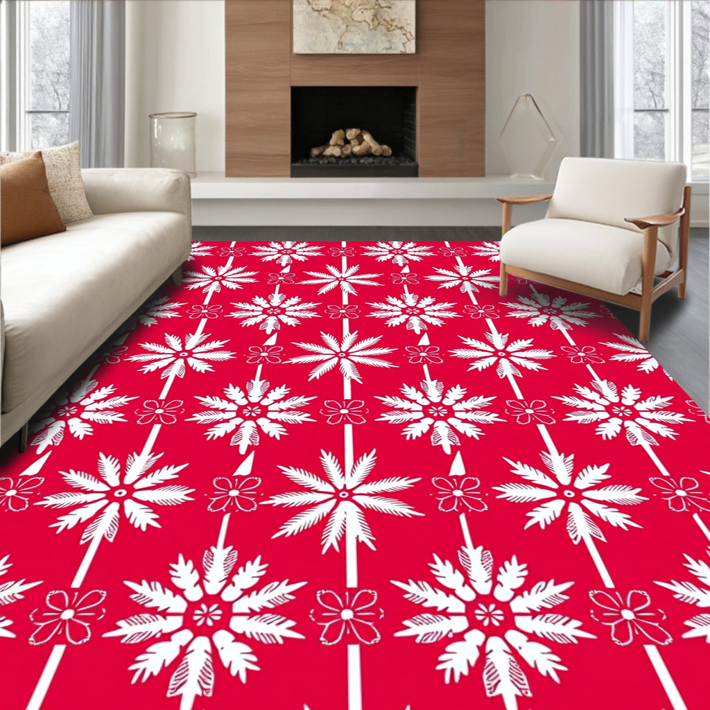 Vibrant Red White Floral Medallion Rug