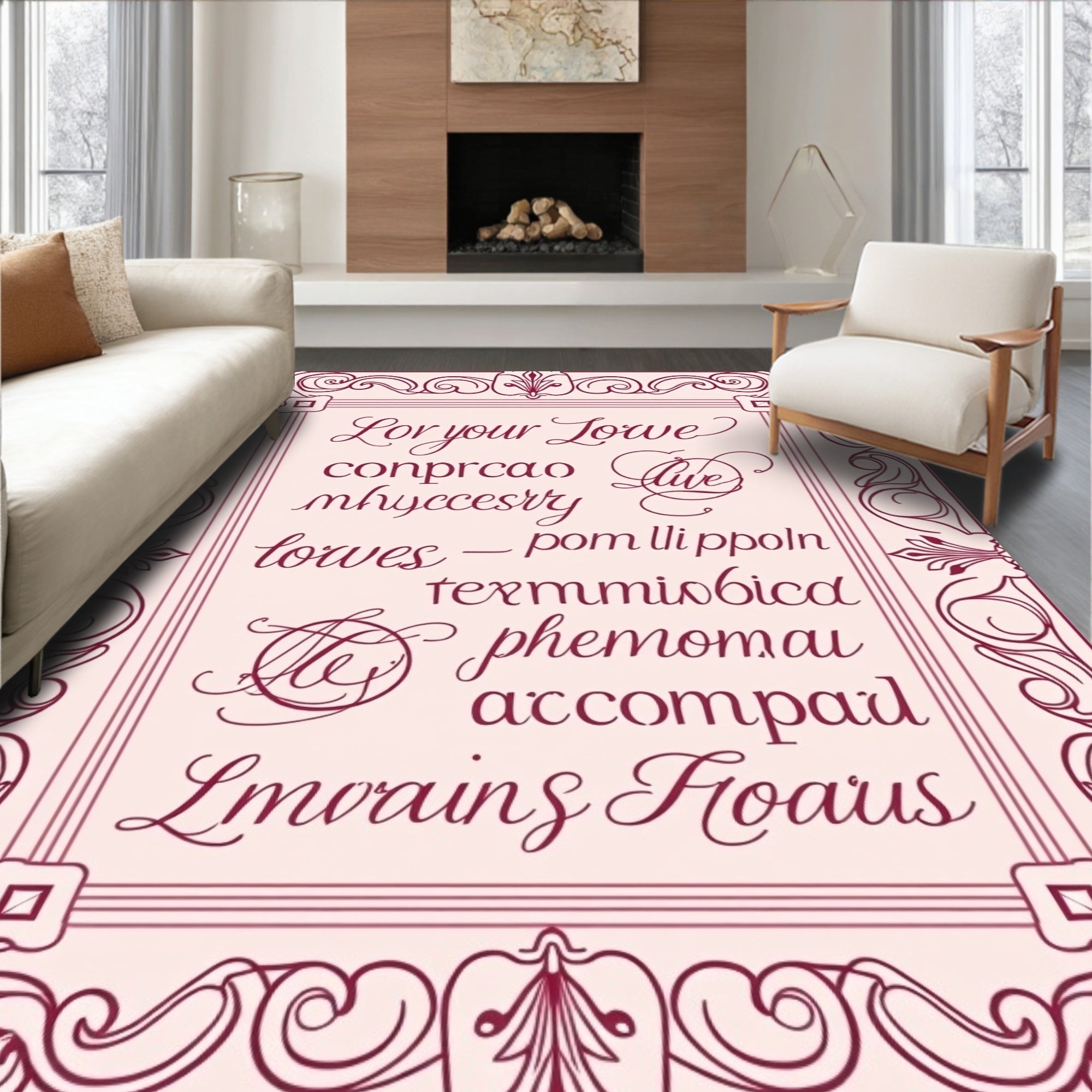 Elegant Burgundy Script Floral Border Rug