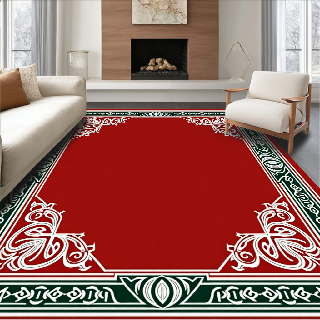 Grand Red White Green Ornate Border Rug