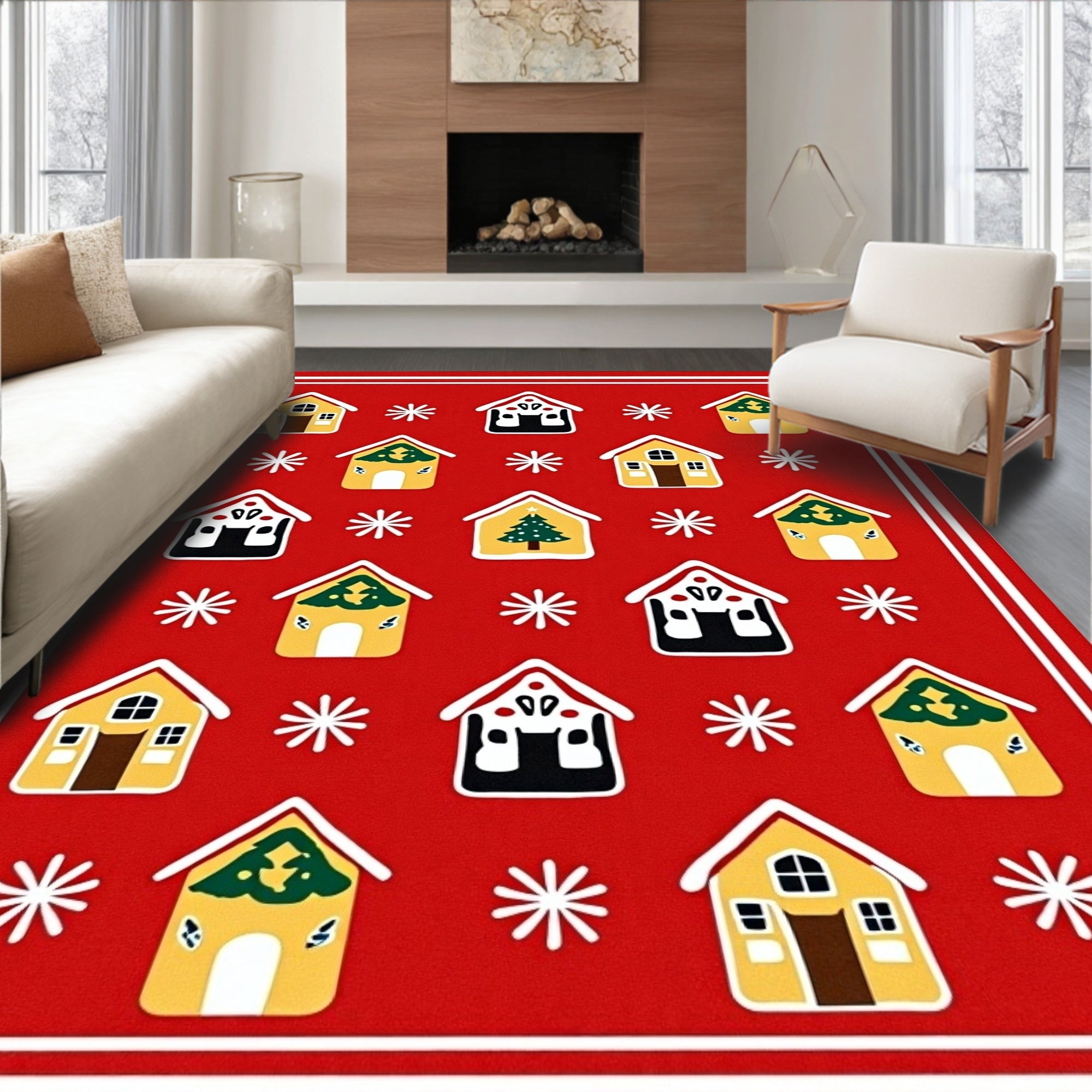 Gingerbread Houses Snowflakes Red Backdrop Rug