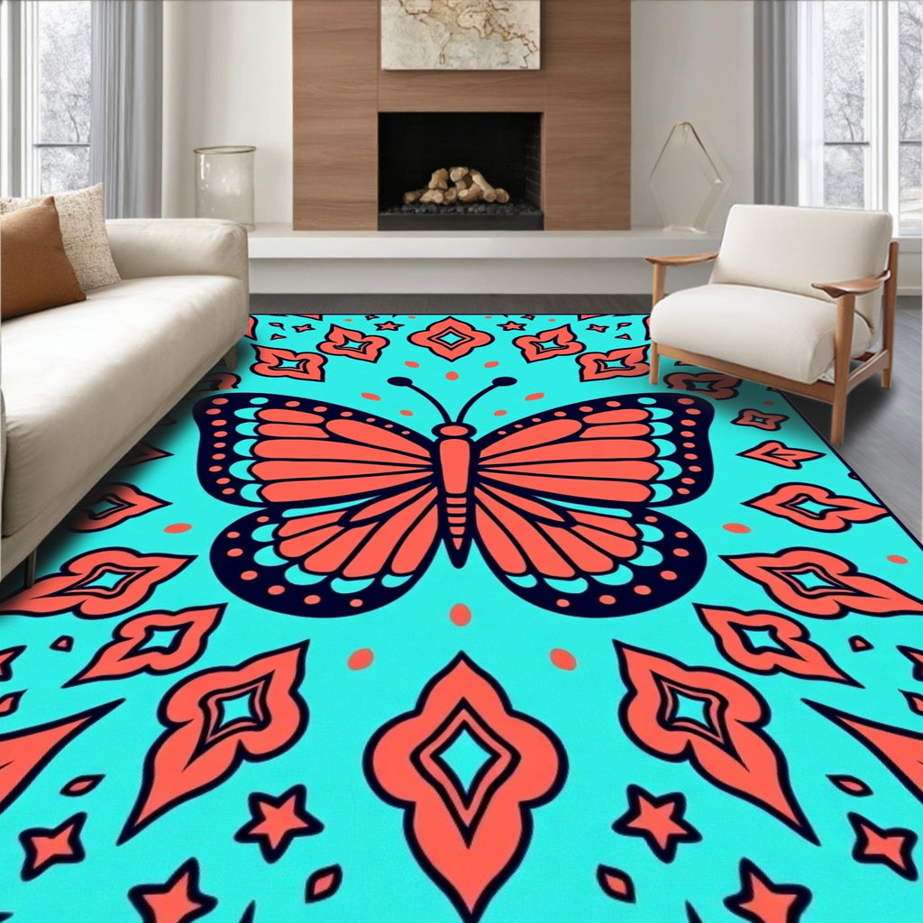 Coral Butterfly Turquoise Garden Rug