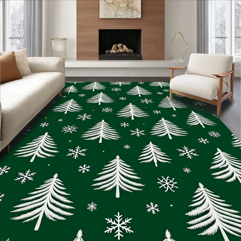 Winter Forest Evergreen Snowflakes Rug