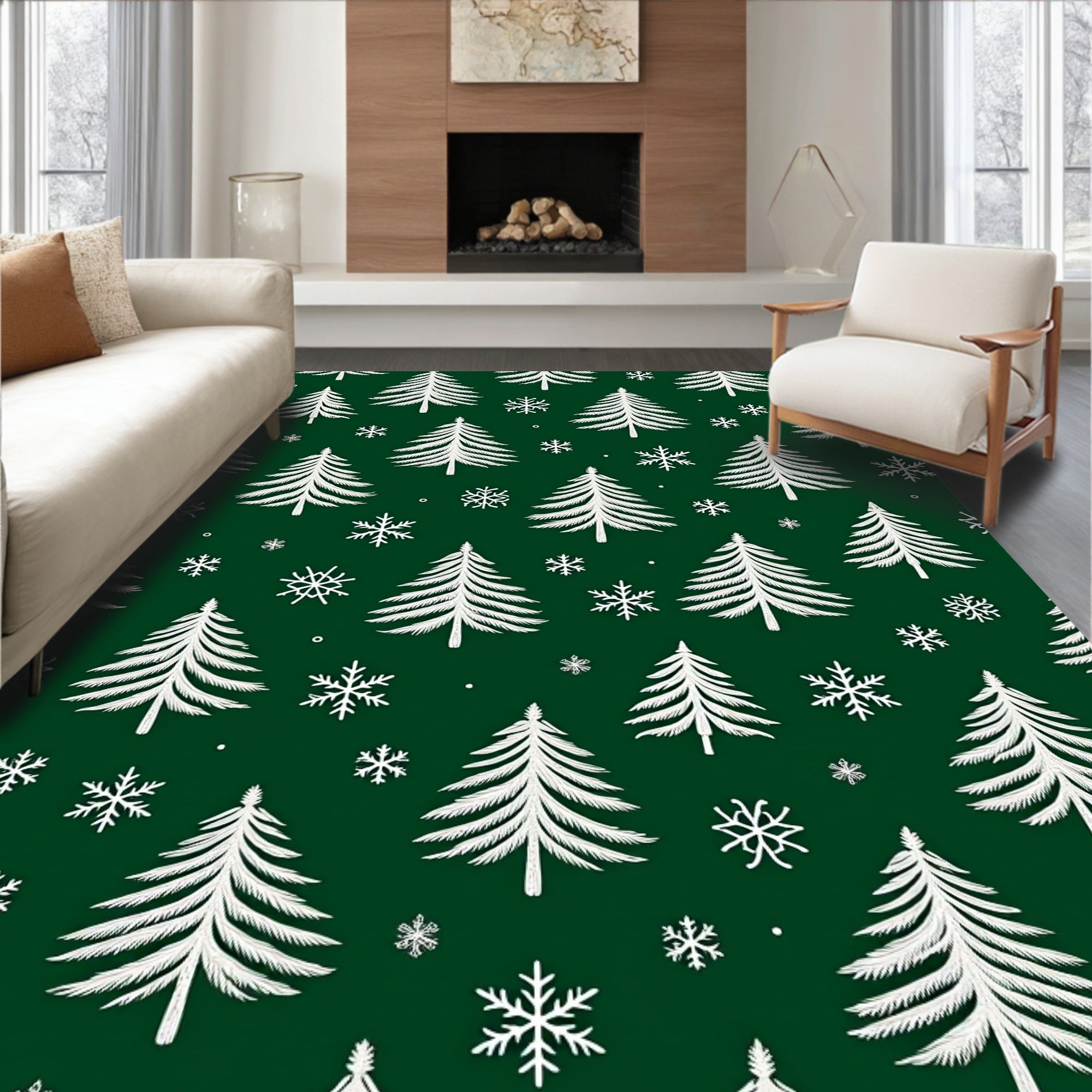 Winter Forest Evergreen Snowflakes Rug