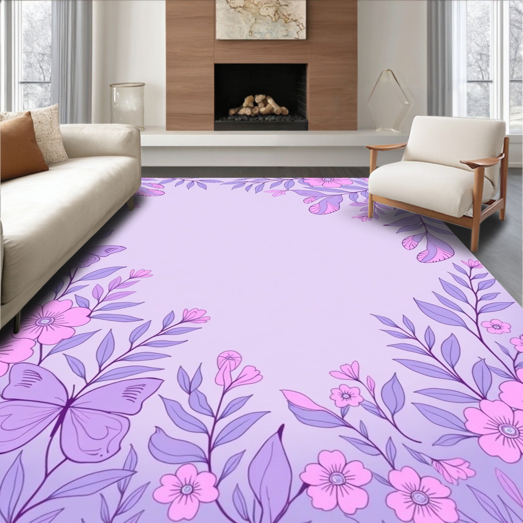 Lavender Floral Butterfly Garden Art Rug