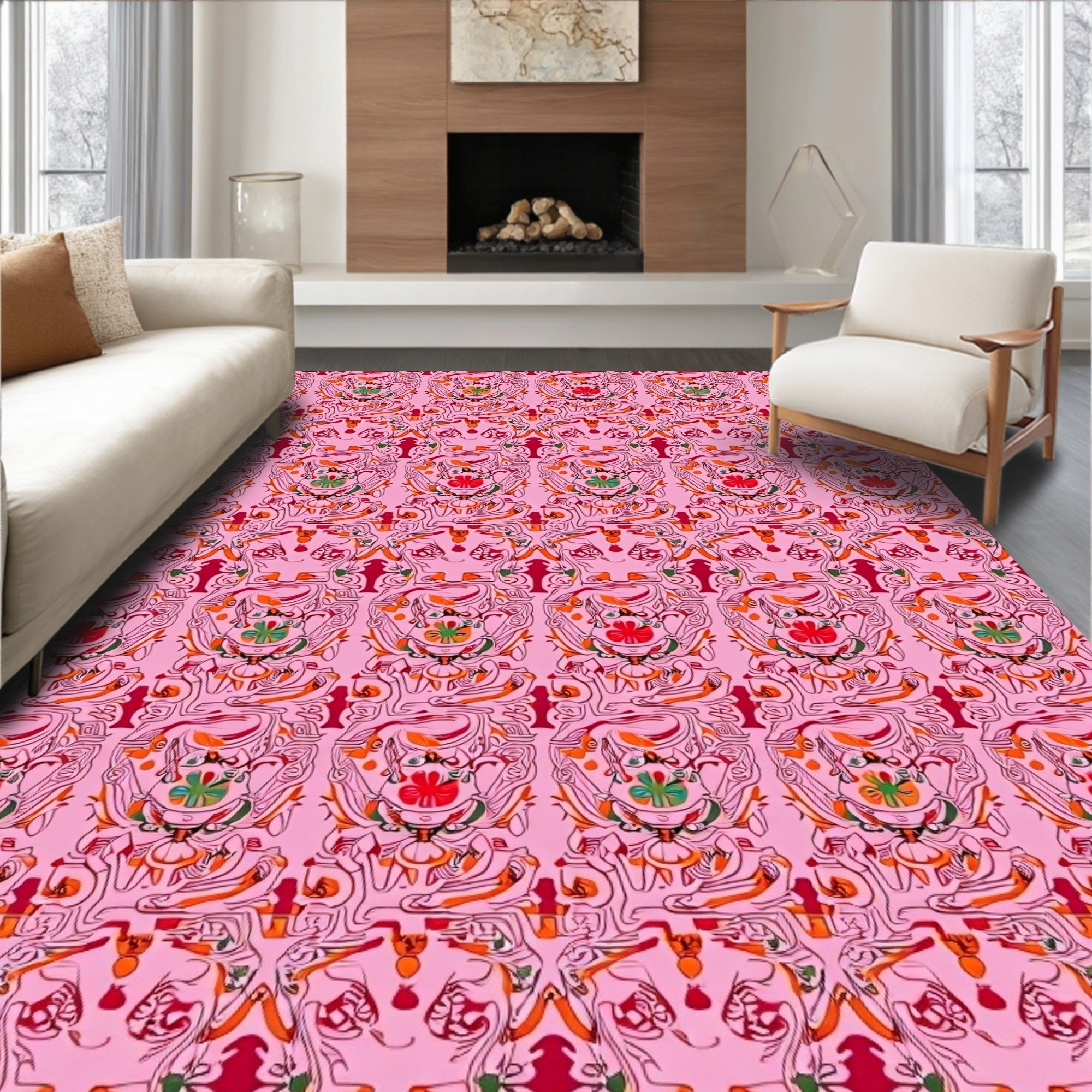 Whimsical Pink Red Floral Medallion Rug