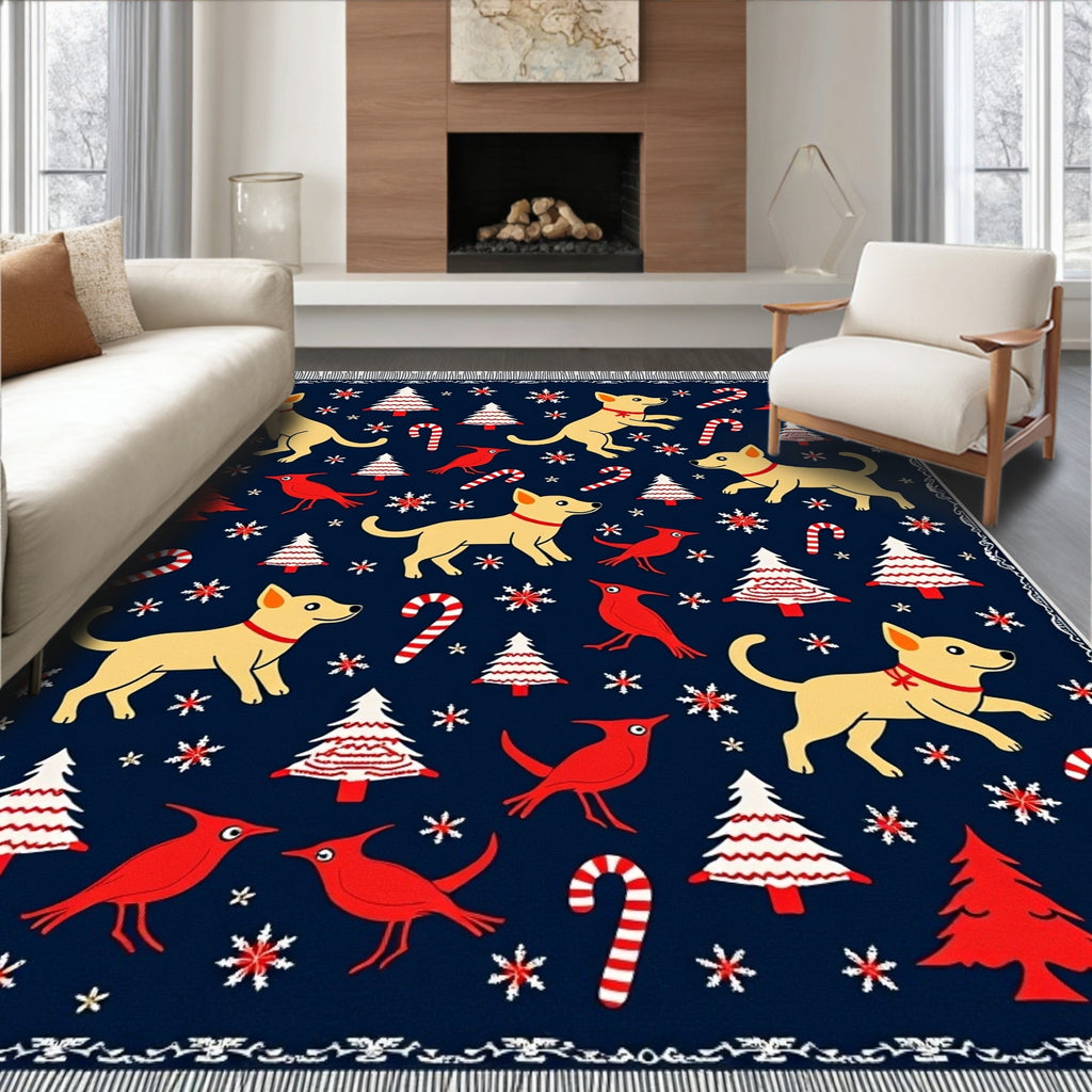 Navy Blue Festive Dog And Tree Rug