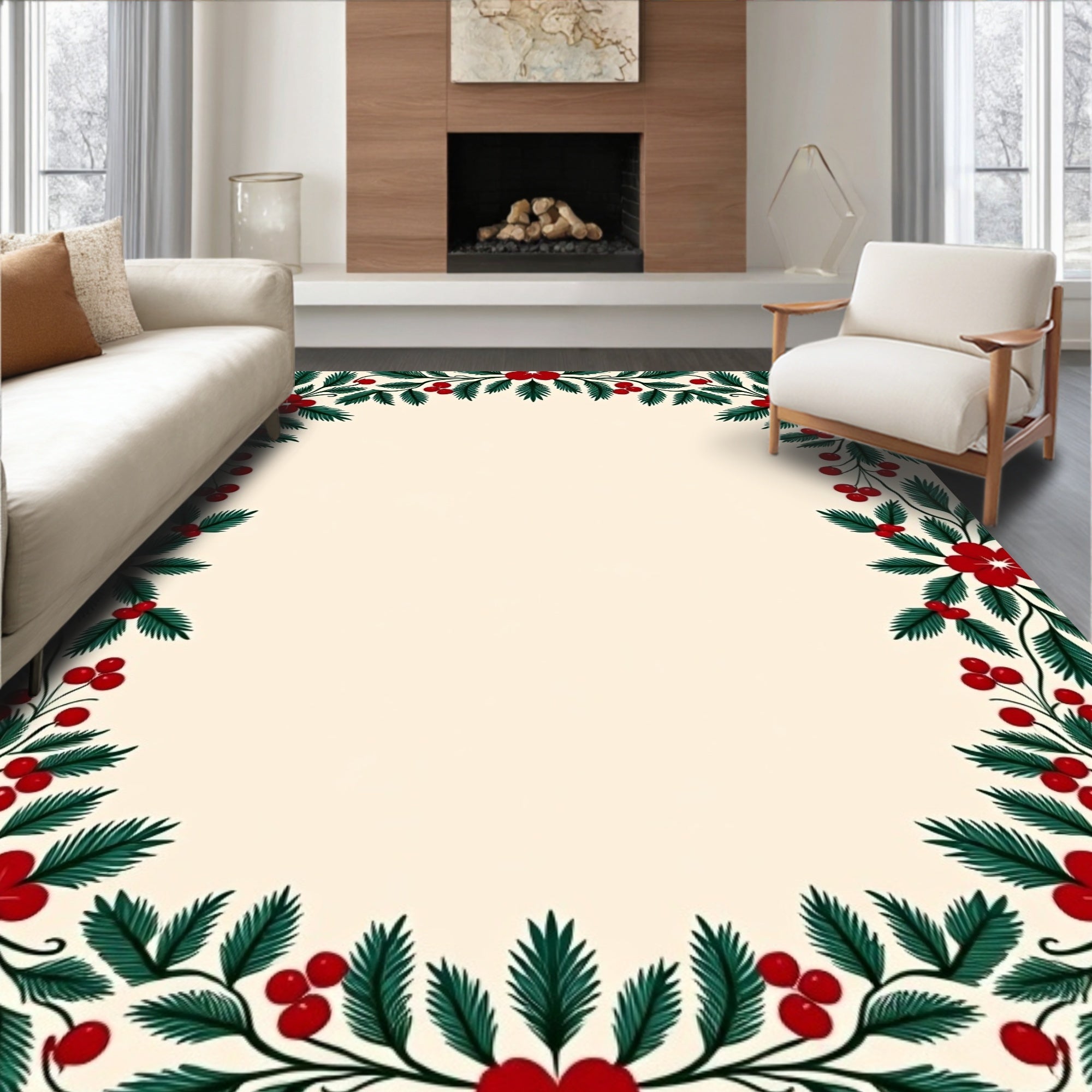 Crimson Berry Evergreen Garland Border Rug