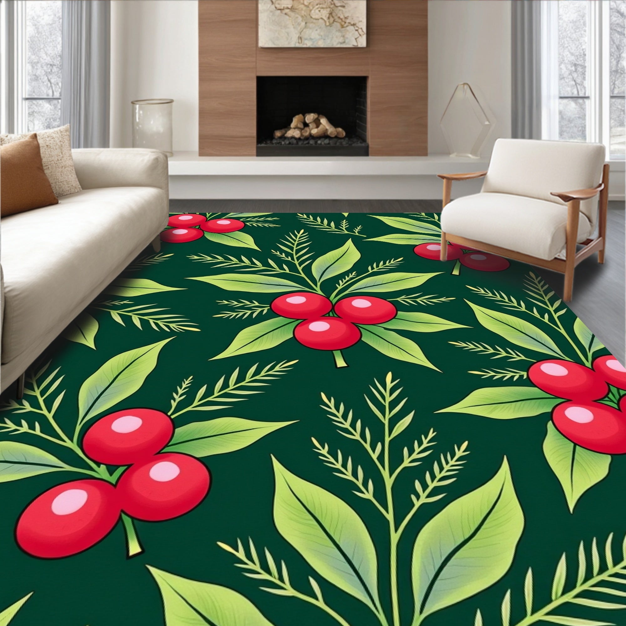 Deep Green Red Berry Foliage Rug