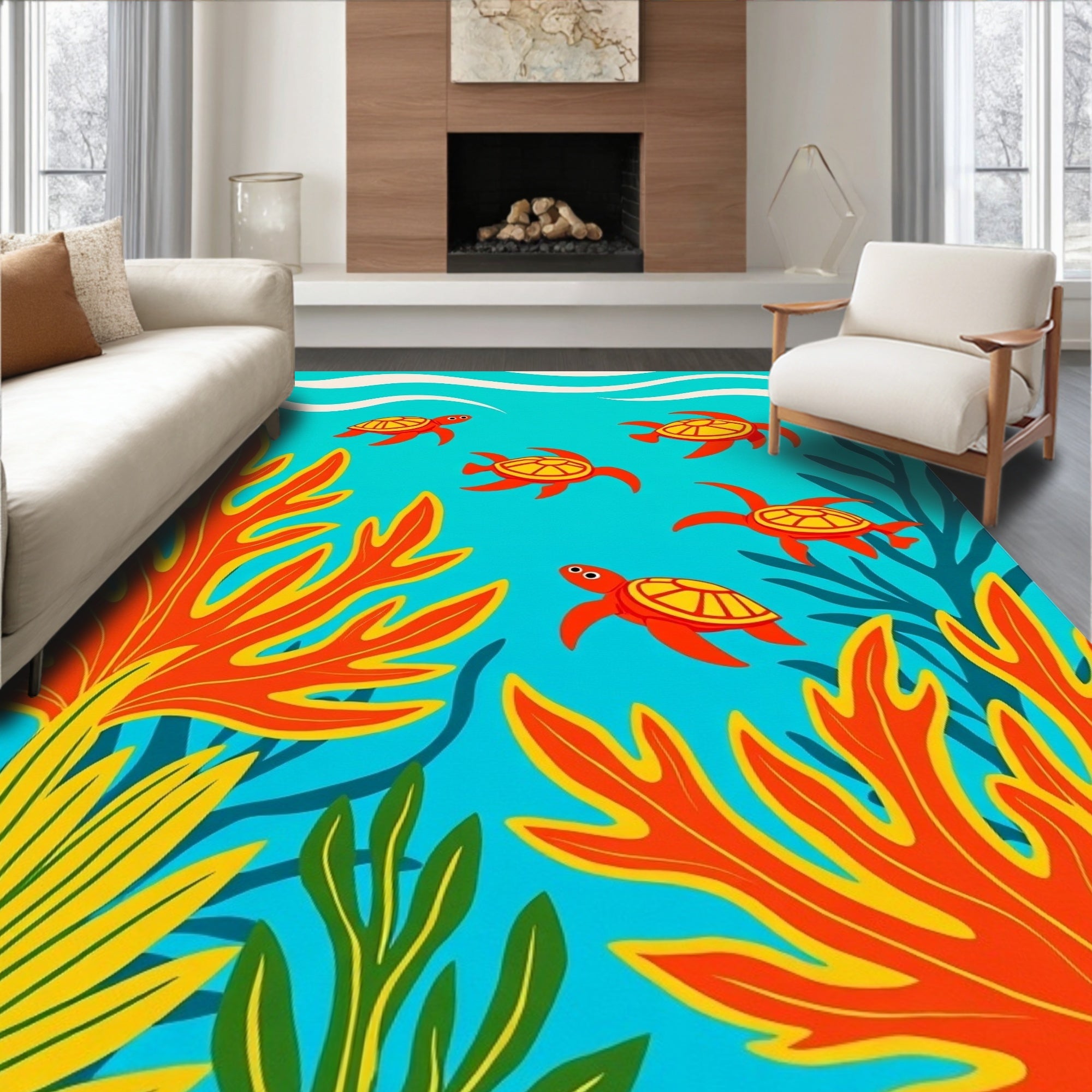 Bright Orange Turtle School Under Sea Rug