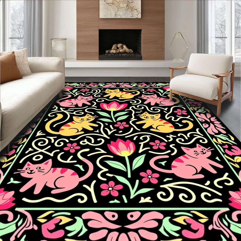 Playful Pink Yellow Cat Floral Border Rug