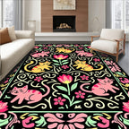 Playful Pink Yellow Cat Floral Border Rug