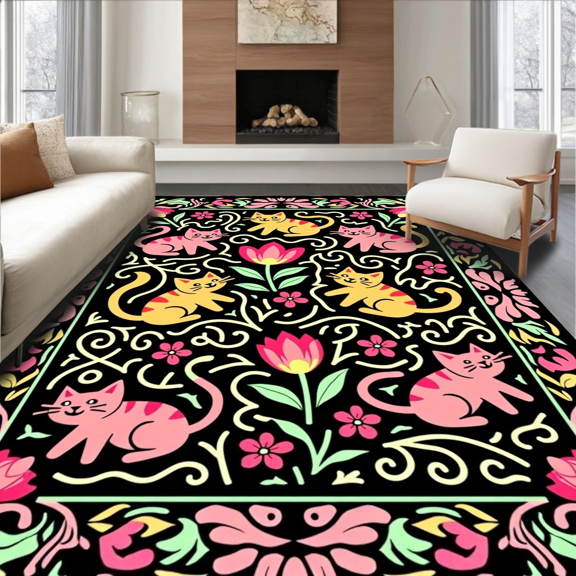 Playful Pink Yellow Cat Floral Border Rug