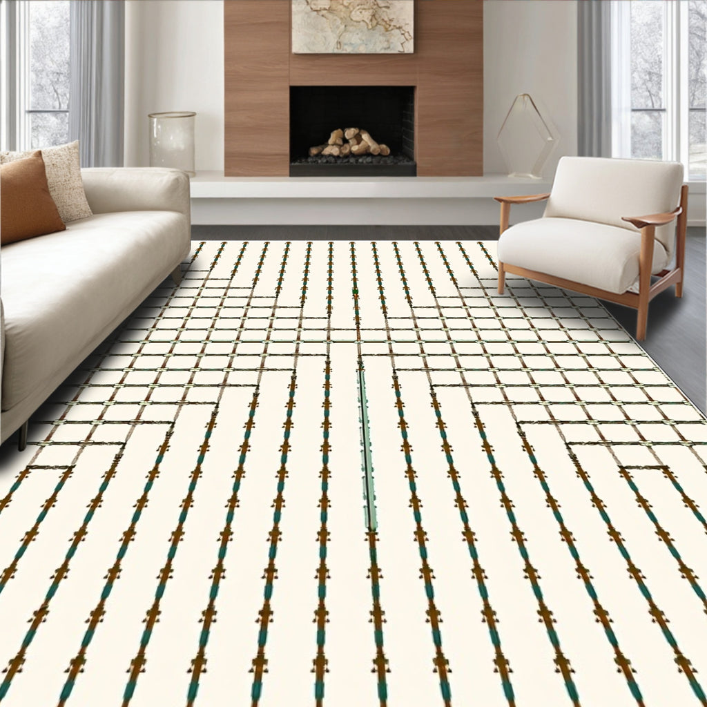 Art Deco Geometric Ivory Brown Teal Rug