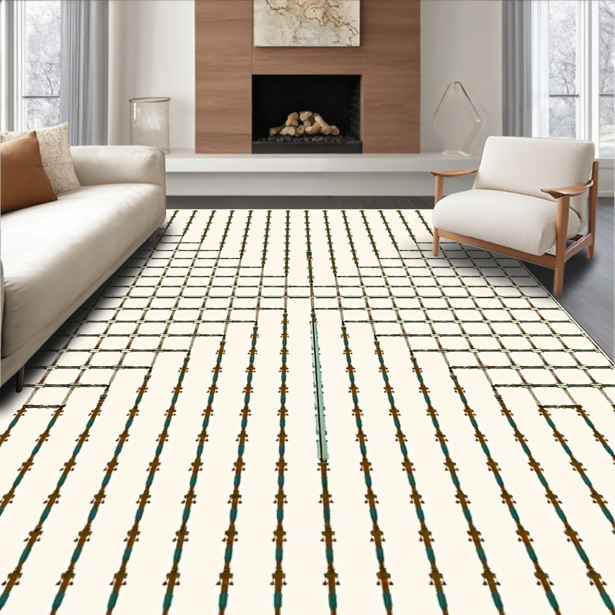 Art Deco Geometric Ivory Brown Teal Rug