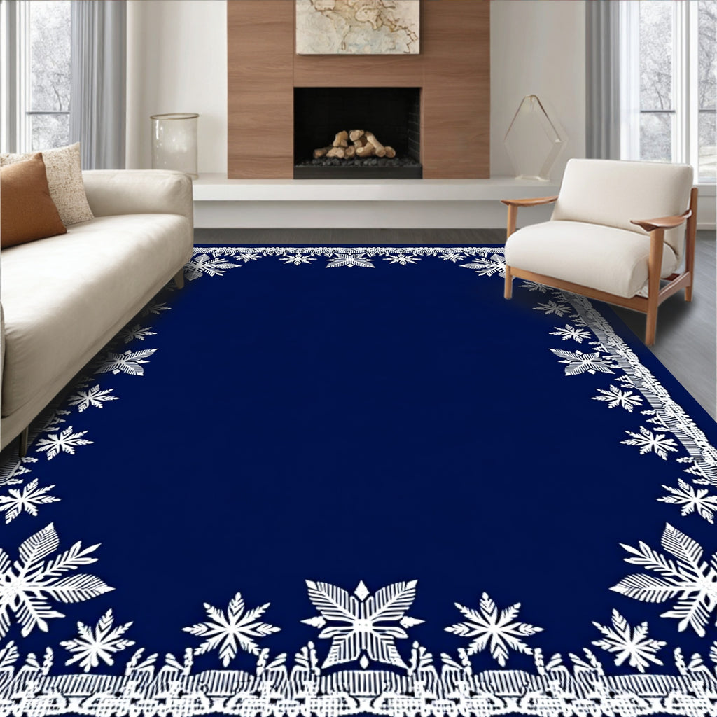 Winter White Snowflake Navy Blue Border Rug