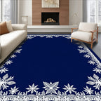Winter White Snowflake Navy Blue Border Rug