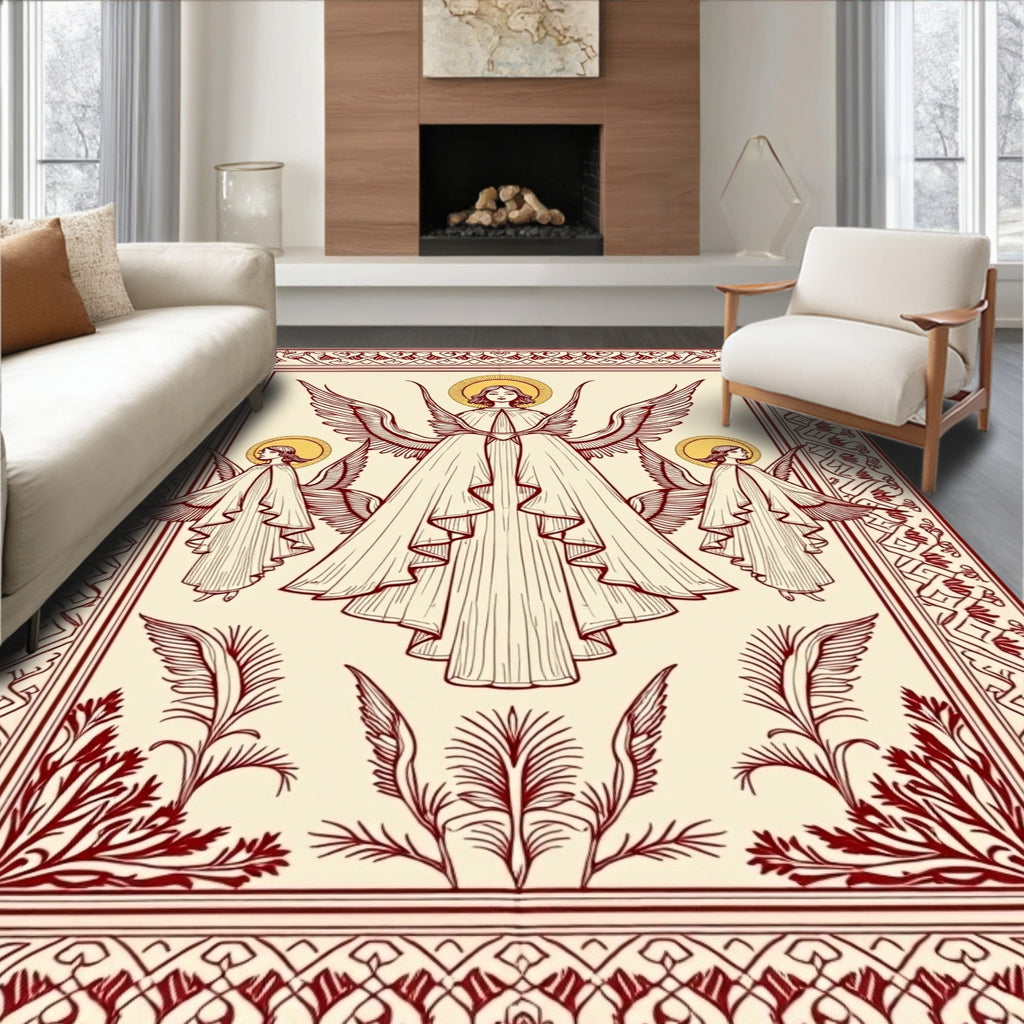 Red Medieval Angelic Winged Figures Rug