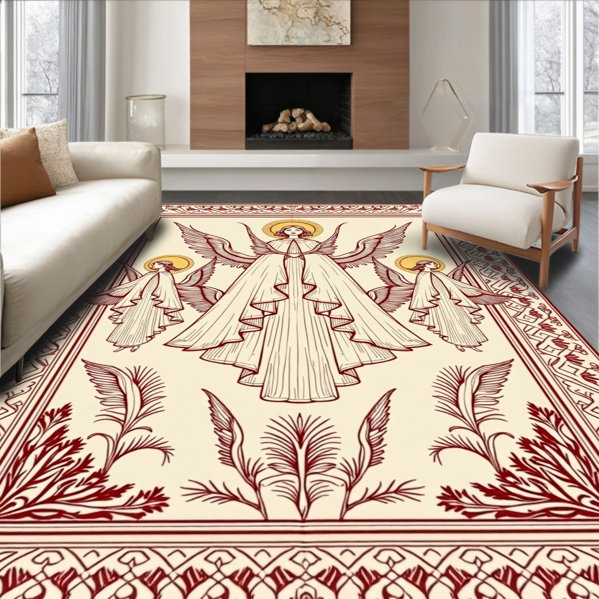 Red Medieval Angelic Winged Figures Rug