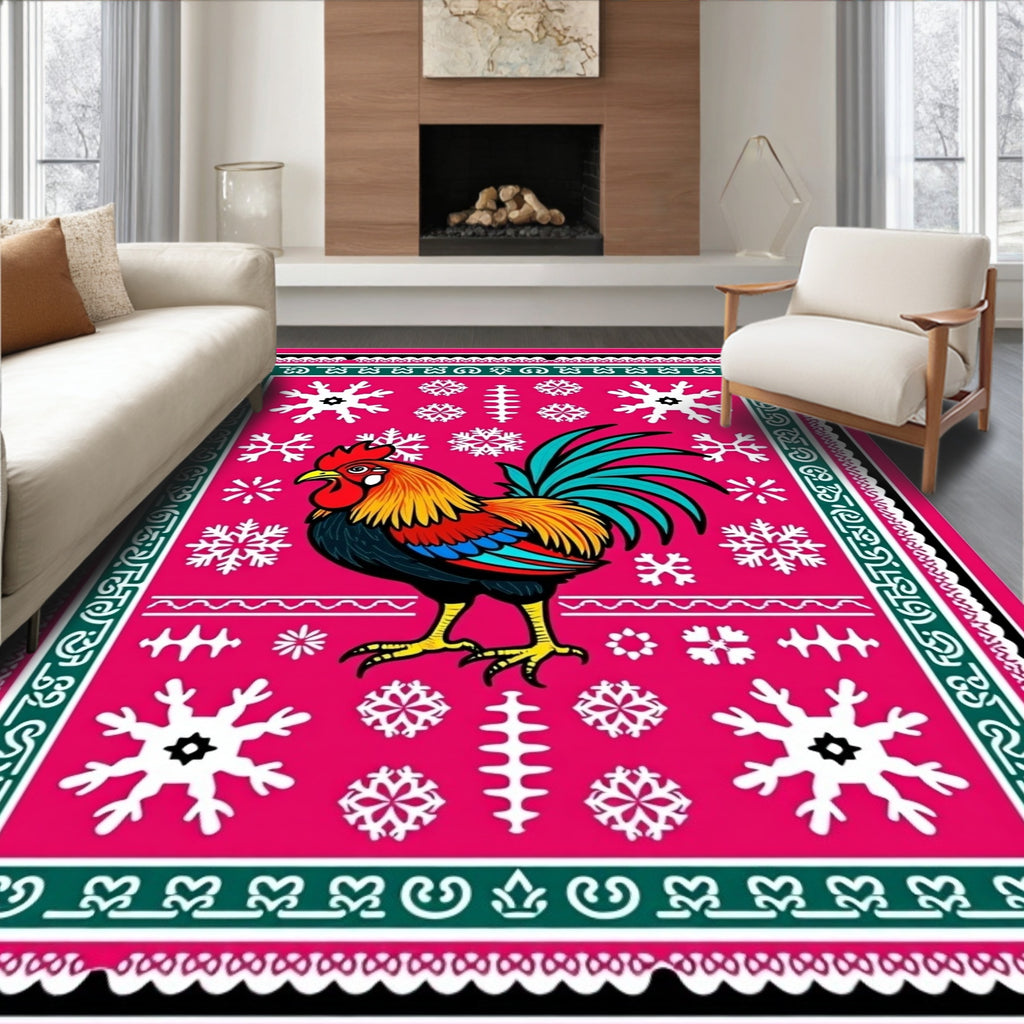 Vibrant Pink Rooster Snowflake Folk Art Rug