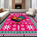 Vibrant Pink Rooster Snowflake Folk Art Rug