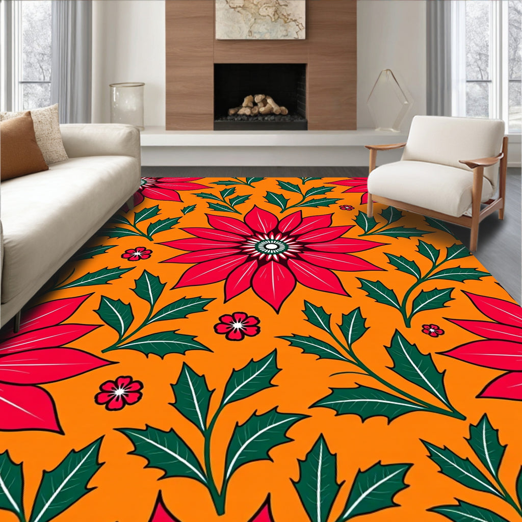 Crimson Red Festive Poinsettia Floral Orange Rug