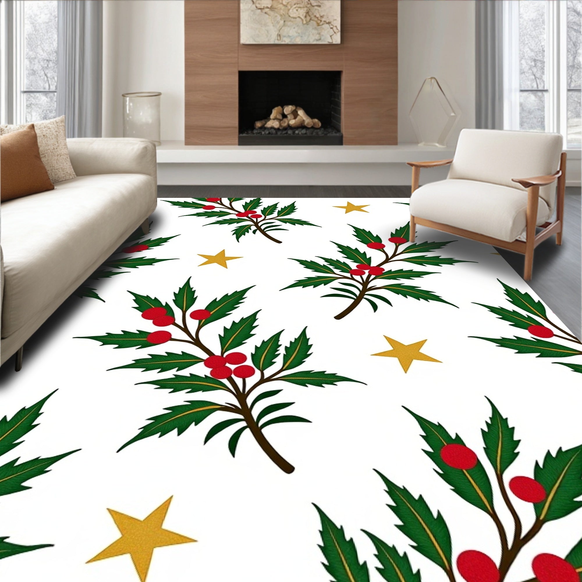 Golden Stars and Red Berry Foliage Rug