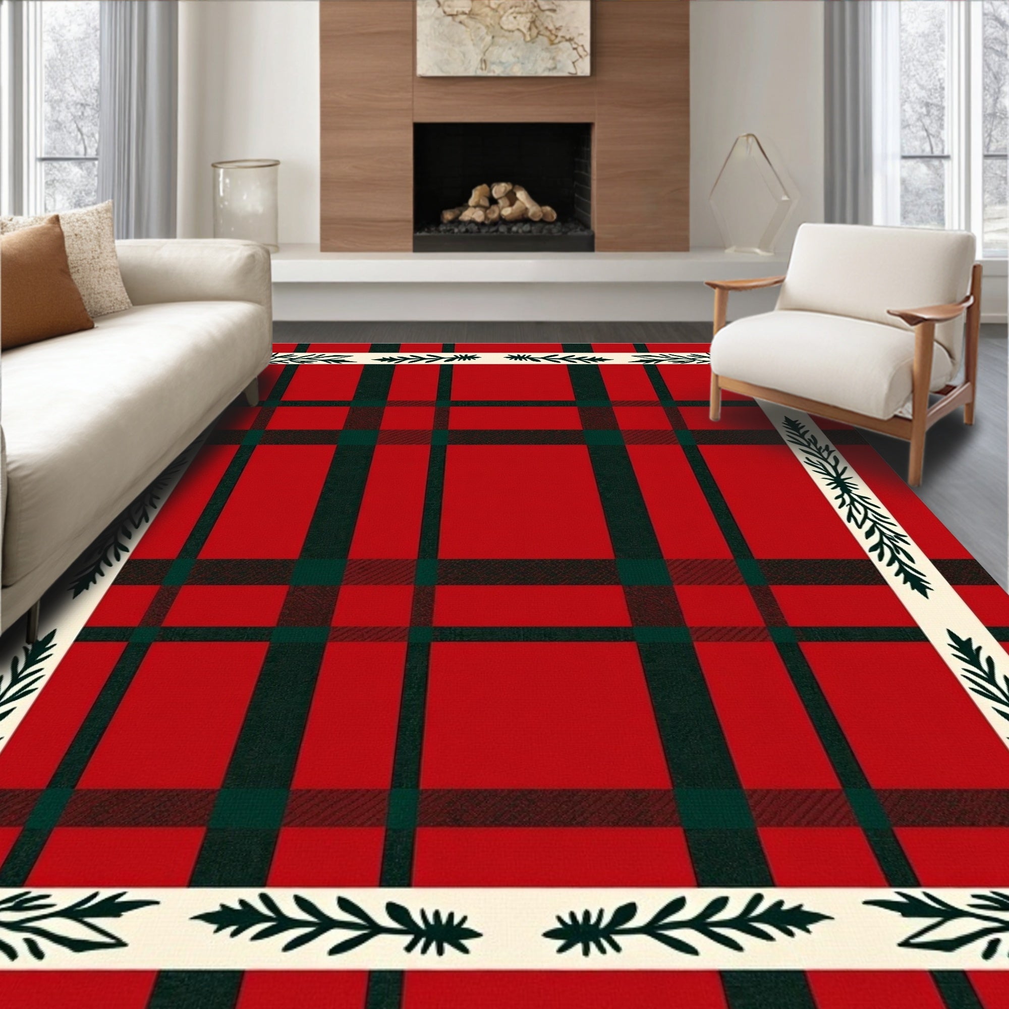 Red Forest Plaid Leaf Border Rug