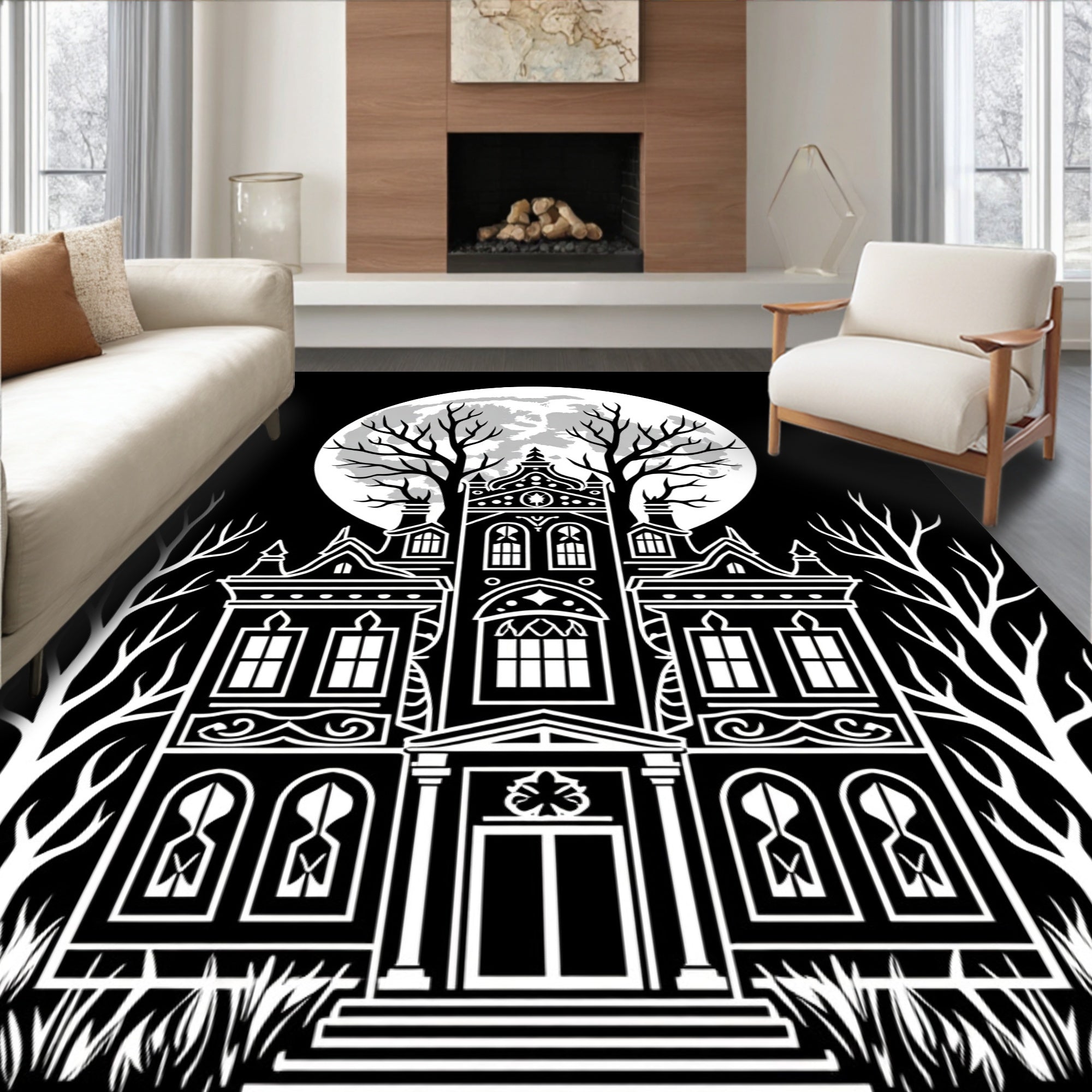Spooky Haunted Mansion Full Moon Trees Rug