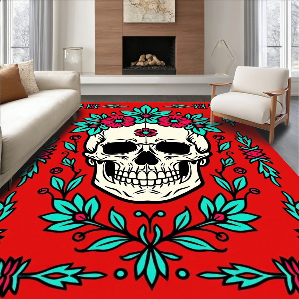 Fiery Red Floral Skull Garland Rug