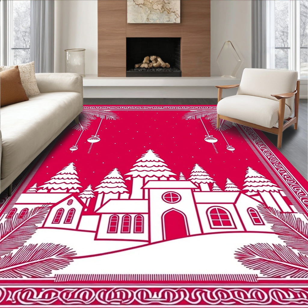 Crimson Christmas Village Evergreen Scene Rug