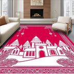 Crimson Christmas Village Evergreen Scene Rug