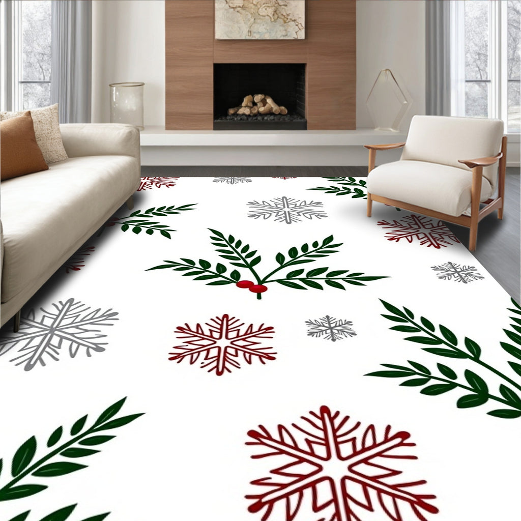 Festive Green Holly Red Berries Snowflakes Rug