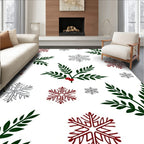 Festive Green Holly Red Berries Snowflakes Rug