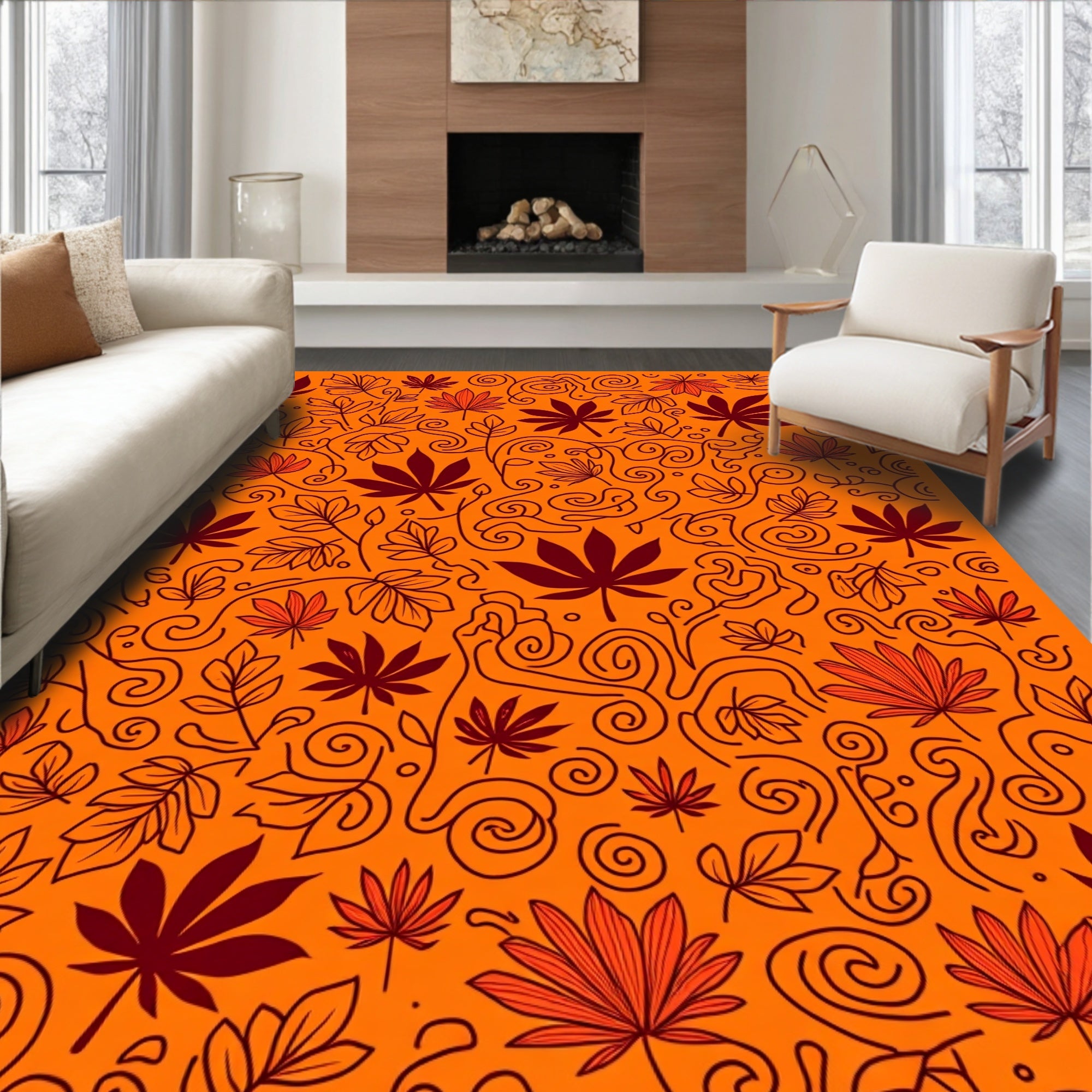 Burnt Orange Leafy Swirl Arrangement Rug