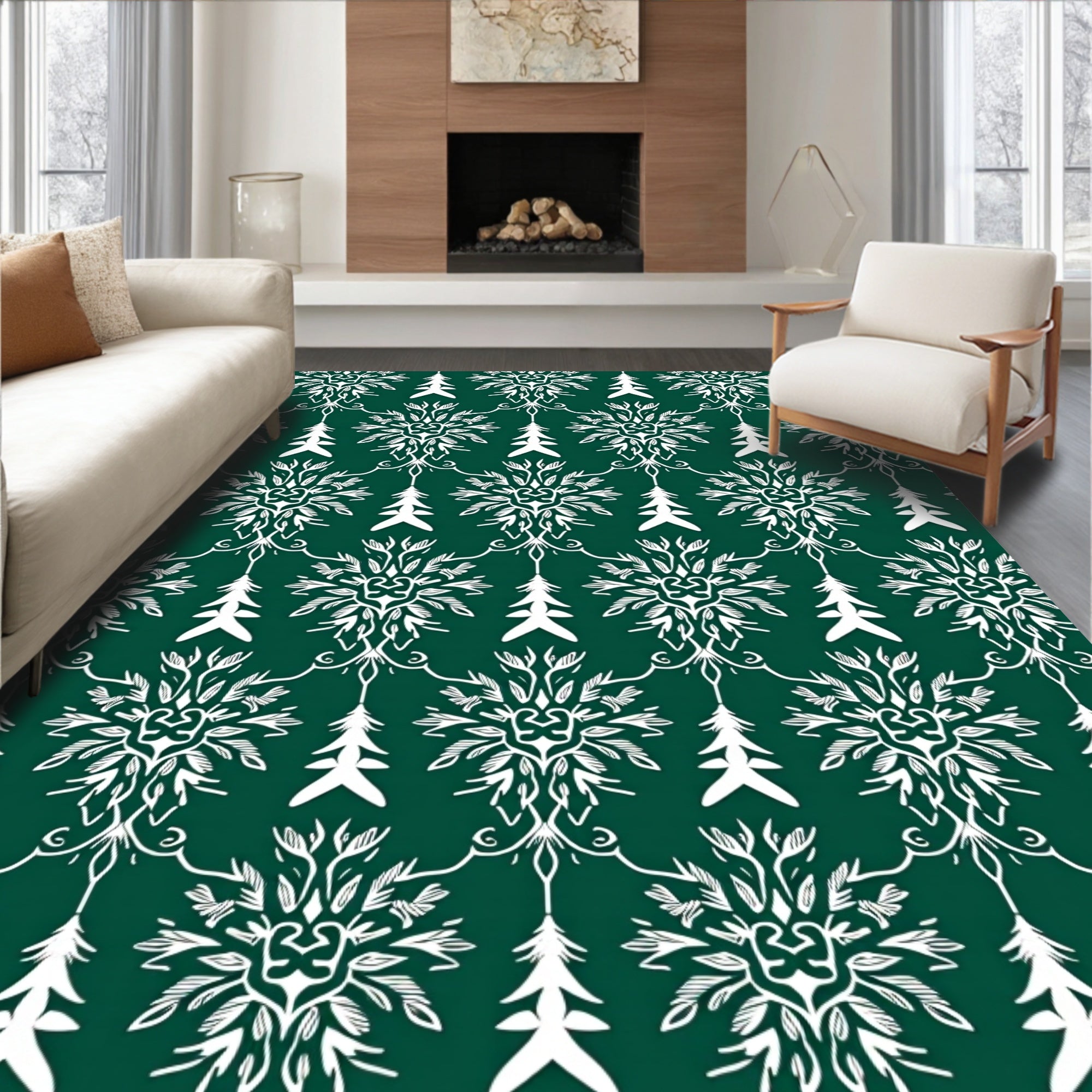 Emerald White Medieval Floral Swirls Rug
