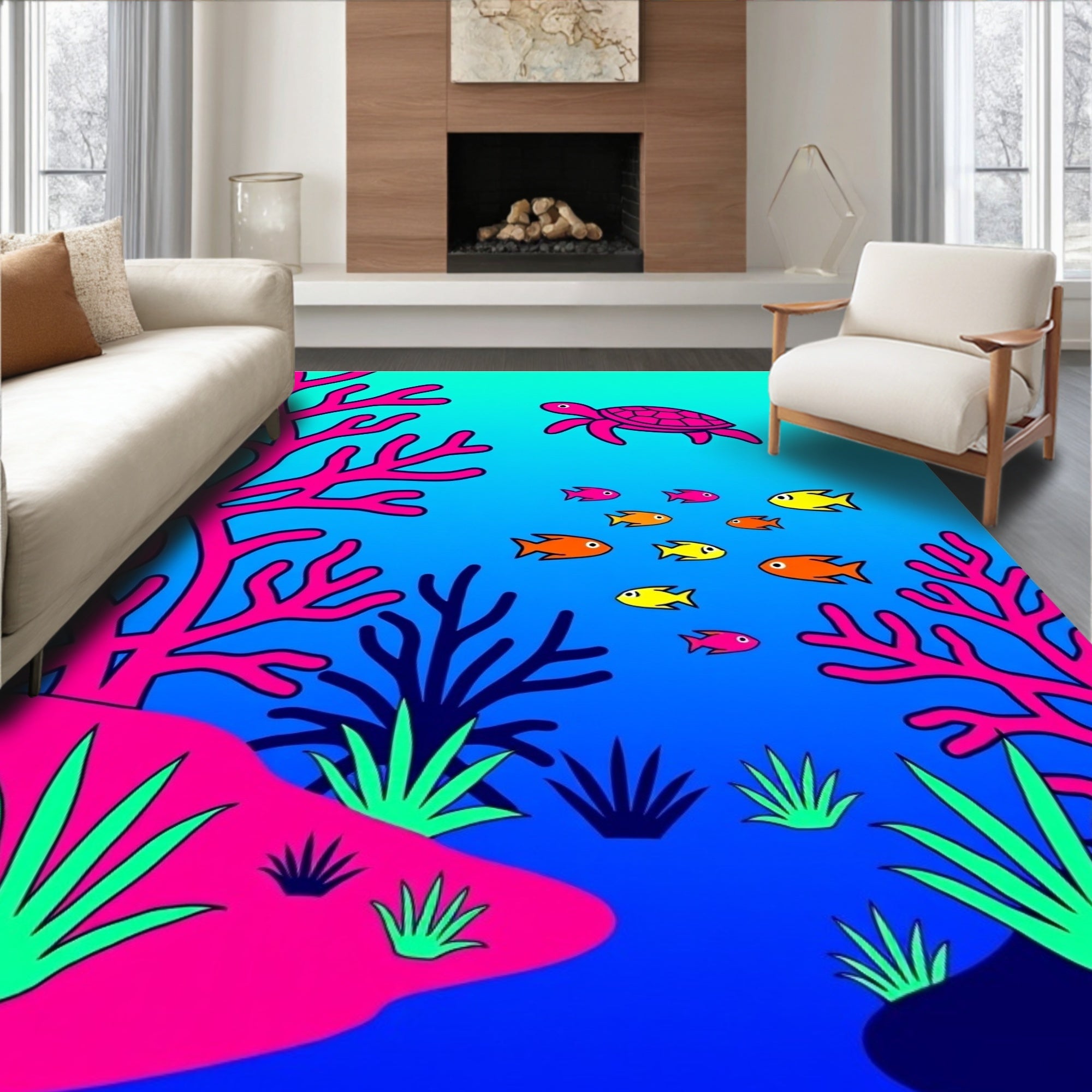 Vibrant Coral Reef Turtle School Rug