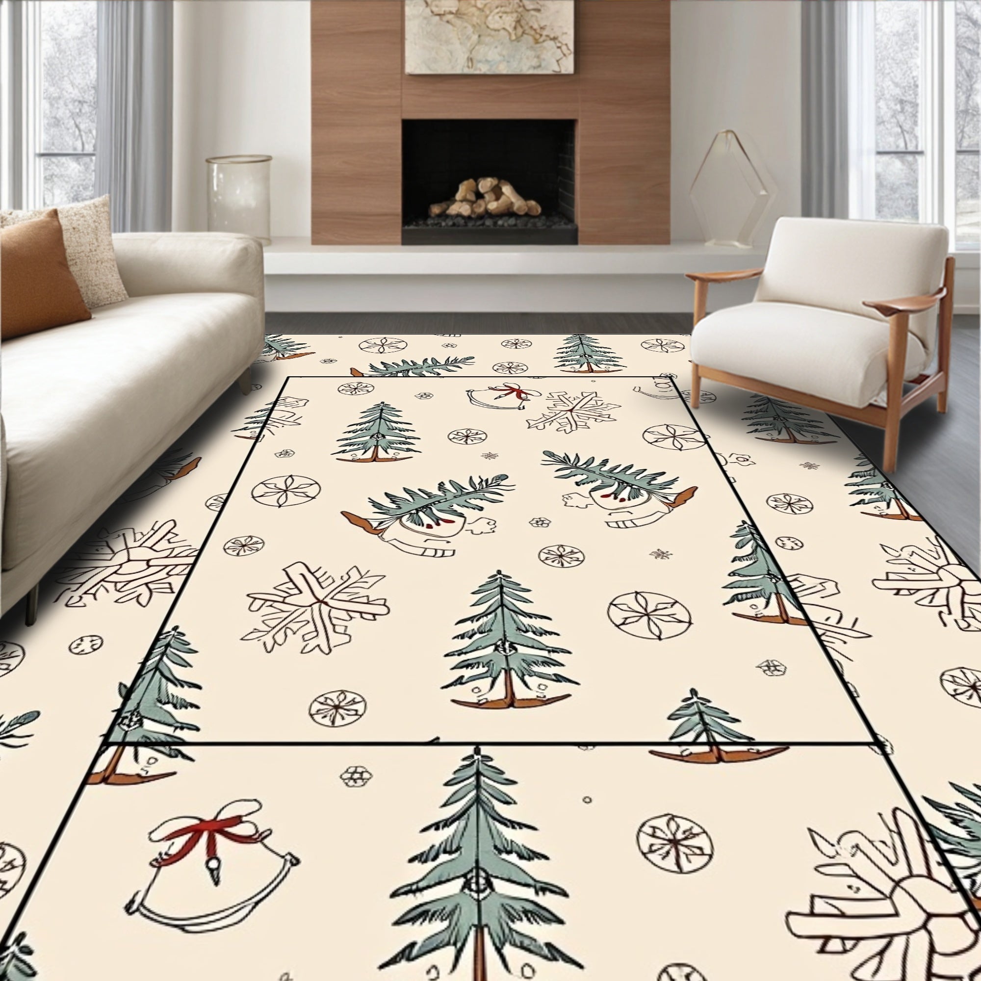 Cream Winter Pinecone Snowflake Bell Rug