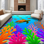 Vibrant Coral Reef Turtle Swimming Rug