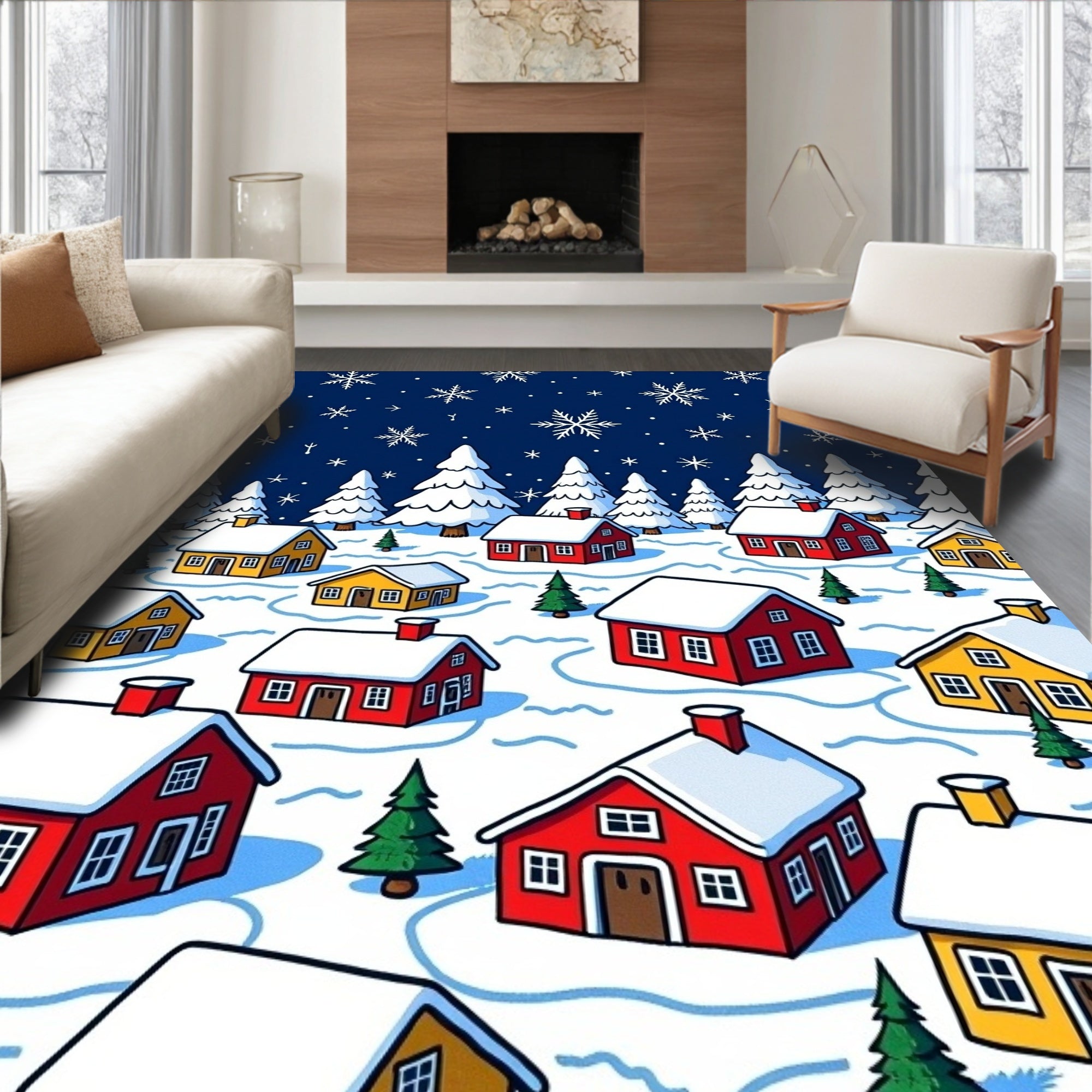 Winter Village Snowflakes Red Yellow Houses Rug