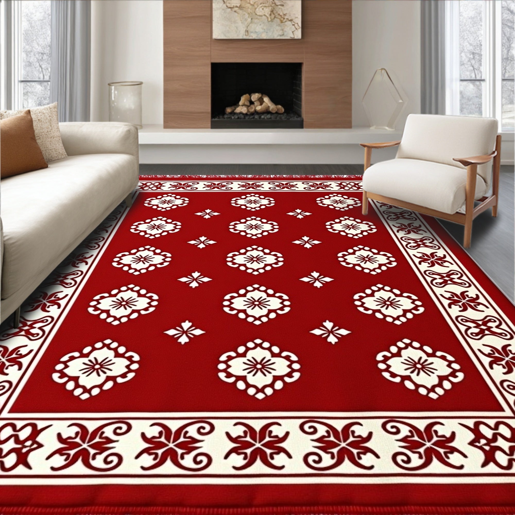 Crimson White Ornamental Medallion Border Rug