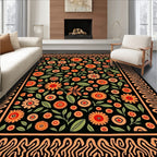 Black Orange Floral Garden Border Rug
