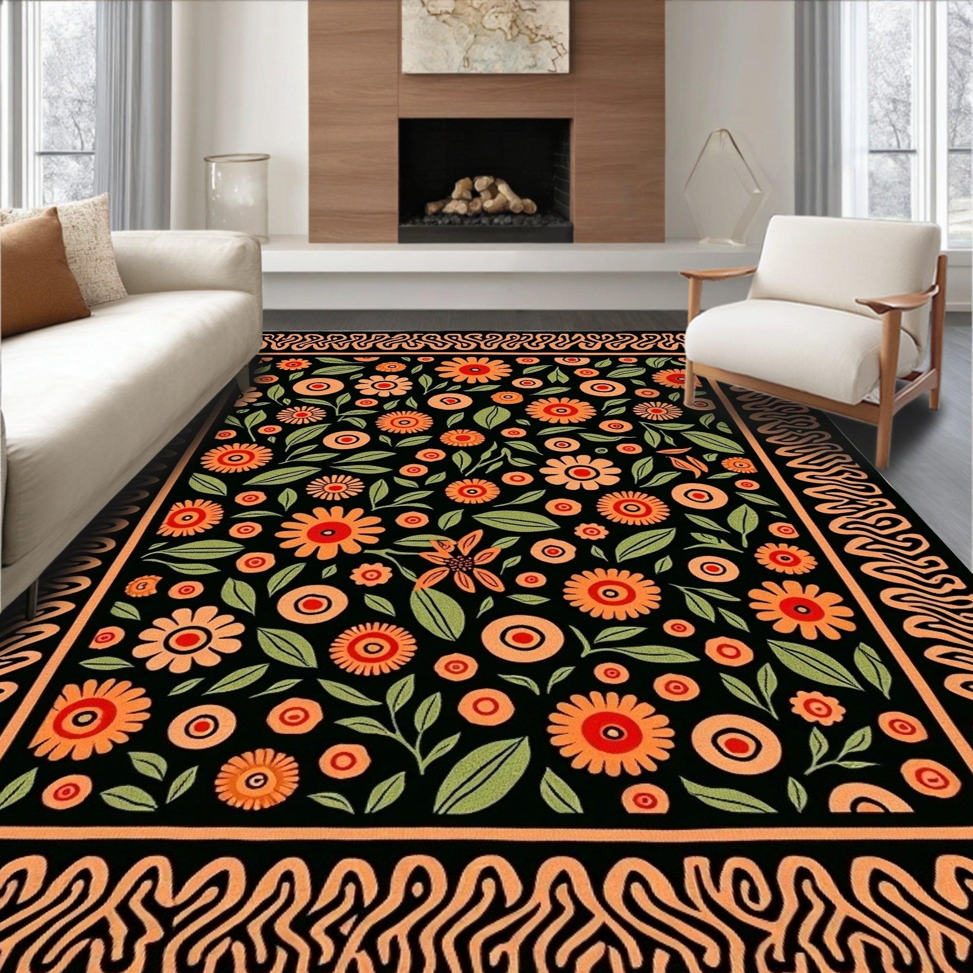 Black Orange Floral Garden Border Rug
