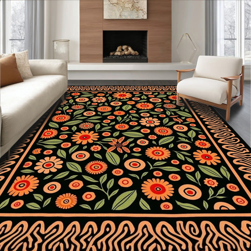 Black Orange Floral Garden Border Rug