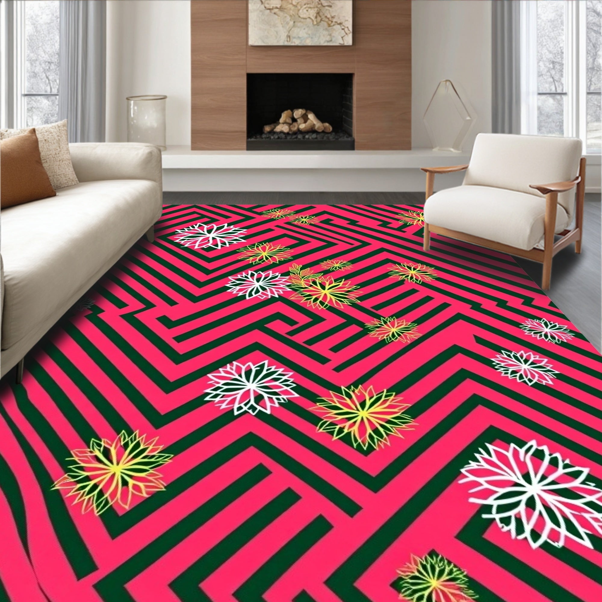 Vibrant Pink Maze Floral Bloom Rug